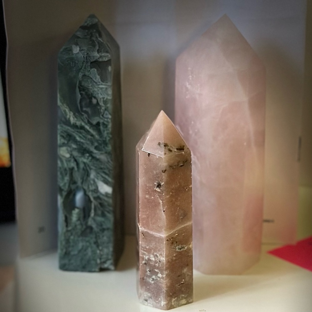 Crystal Towers - Rose Quartz, Moss Agate, Pink Flower Agate (?)